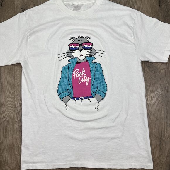 Vintage Cool Cat Park City Utah Puff Print 1987 T Shirt Mens Size XL - Picture 2 of 6